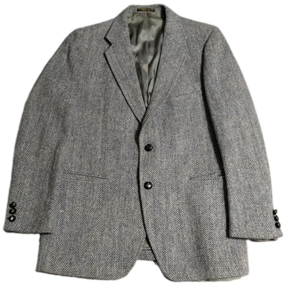 Vintage Harris Tweed Blazer Mens 40 42 Gray Herringbone Wool Anderson-Little USA